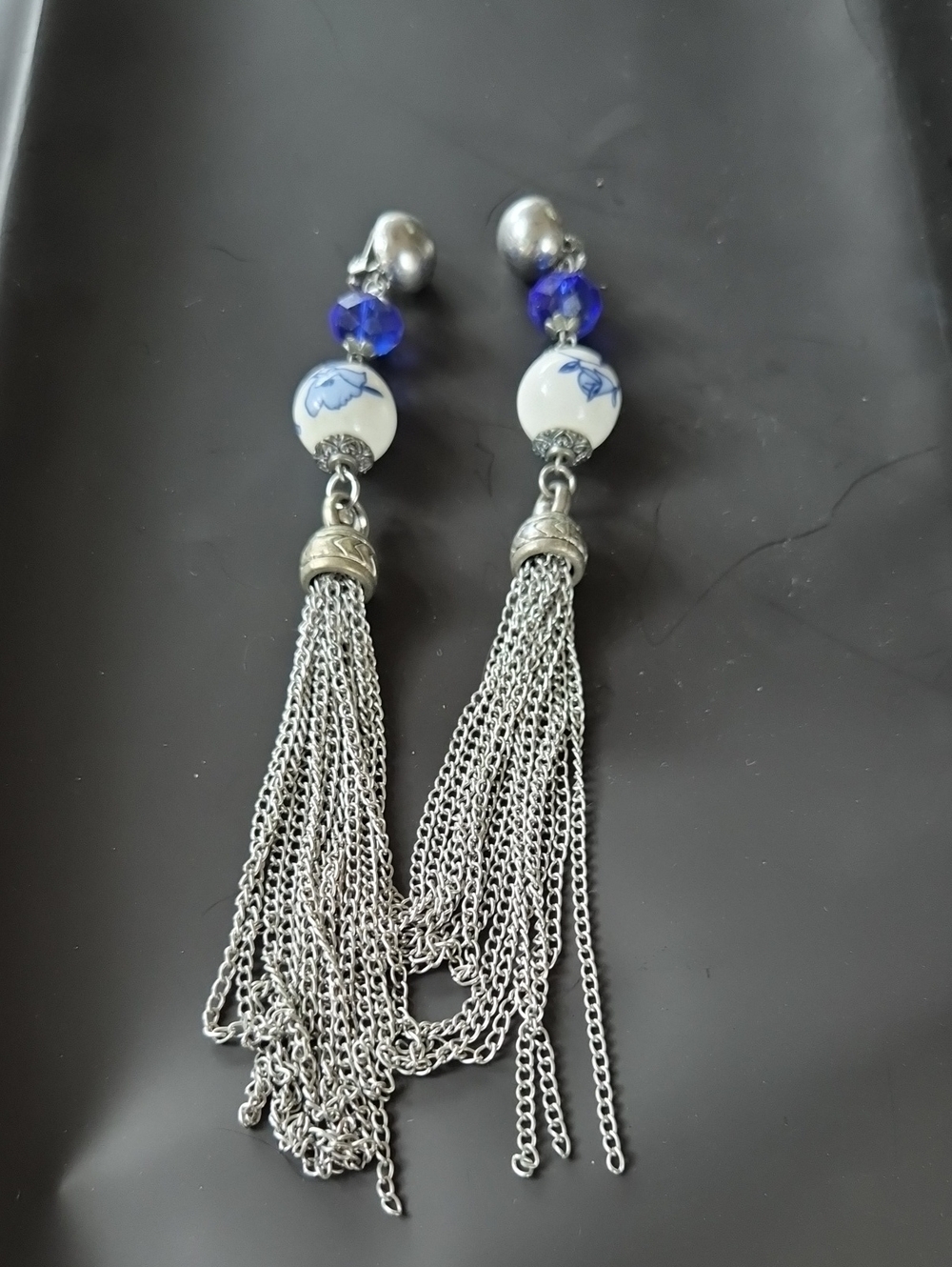 Silver Clip On Tassel Earrings with Blue Floral Beads